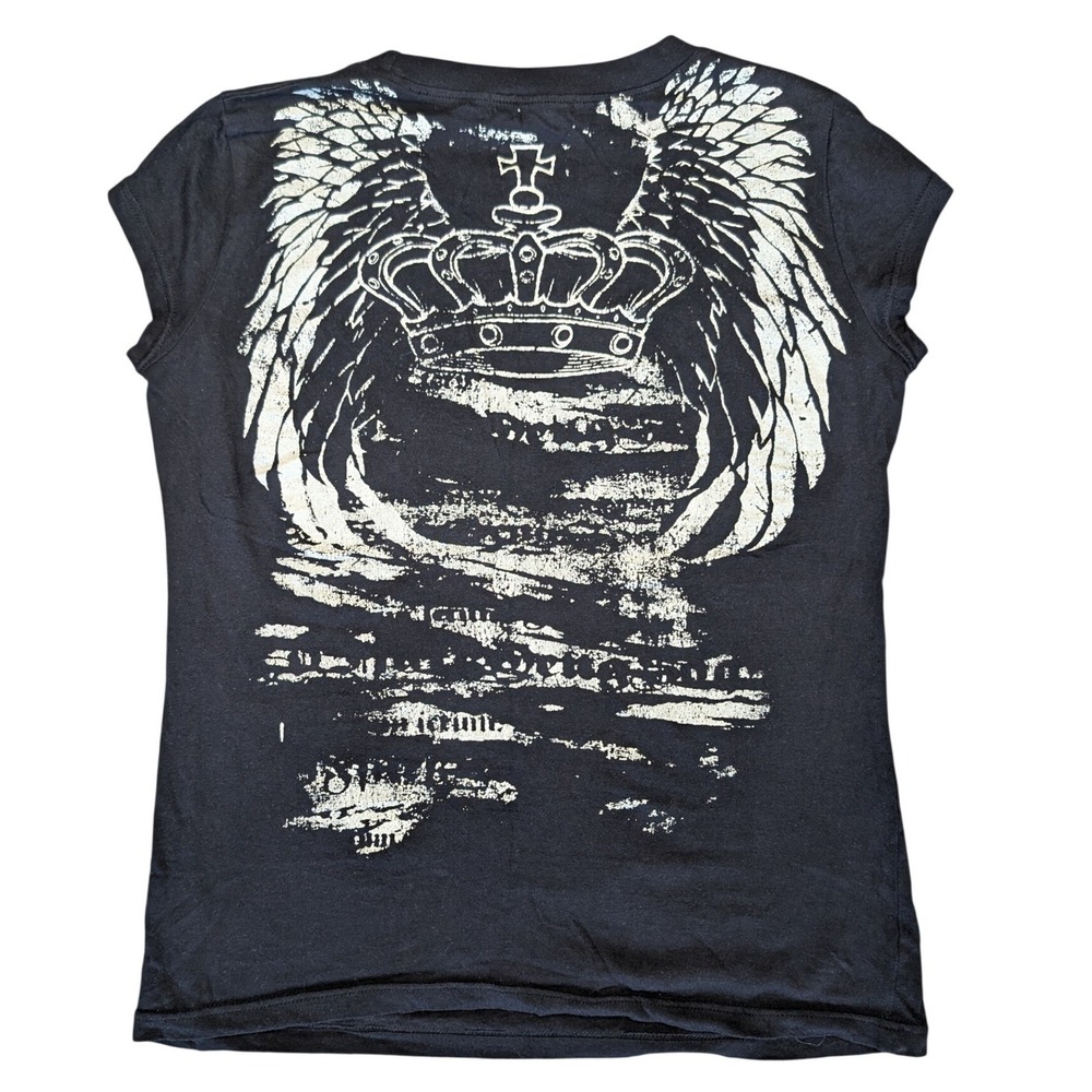 Y2K Candy Couture Large Black Short Sleeve Graphic Crown Wings Tee Shirt Cotton